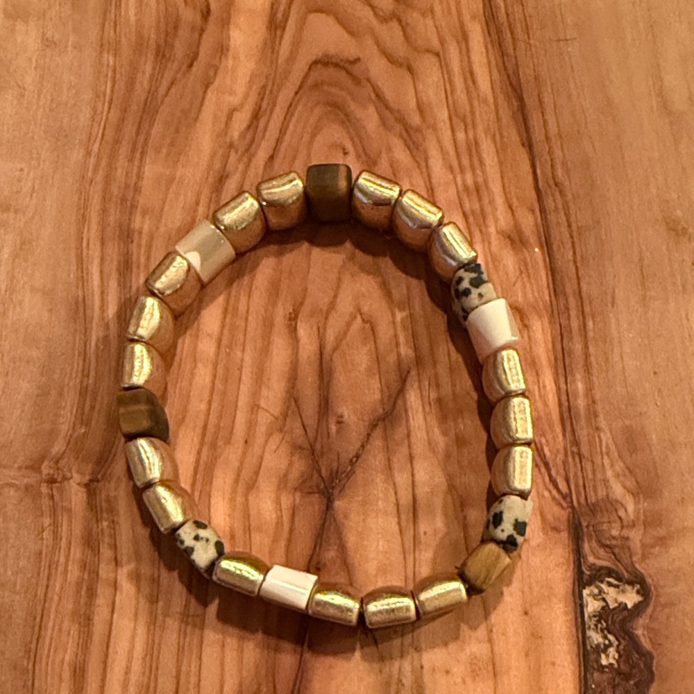 Beaded Stretch Bracelet in Gold, White & Dalmatian Print festival ready